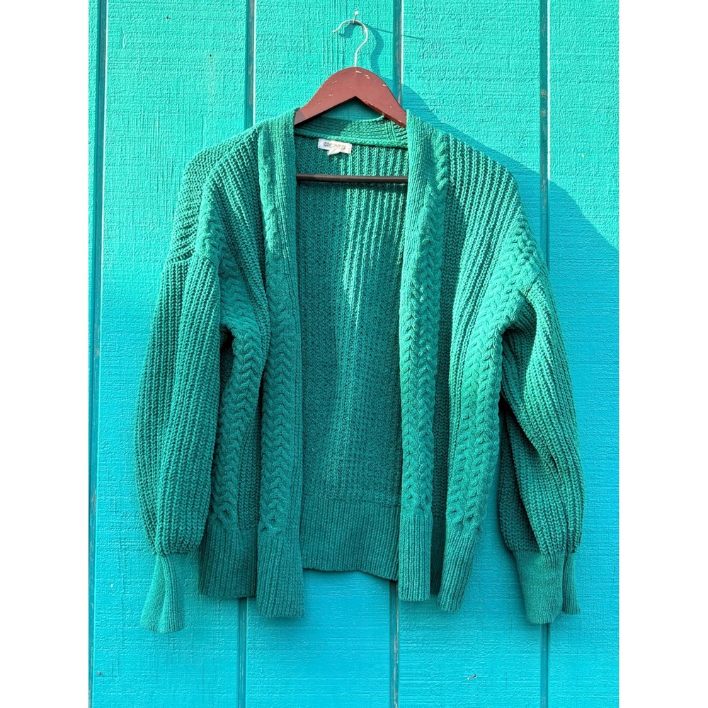 Cocovive Emerald Green Cable Knit Open Front Cardigan Balloon Sleeve Sweater M